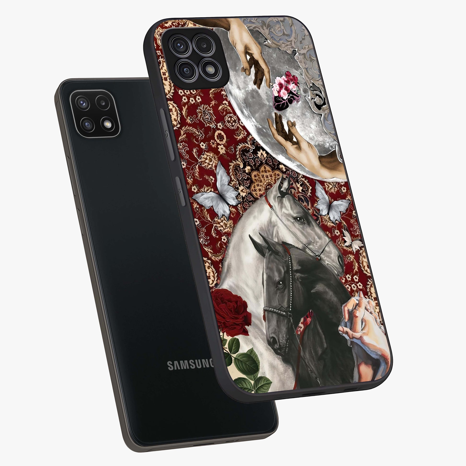 Moonlit Royal Stallion Glass Case displayed in angled mockup highlighting powerful stallion illustration with royal night aesthetic.