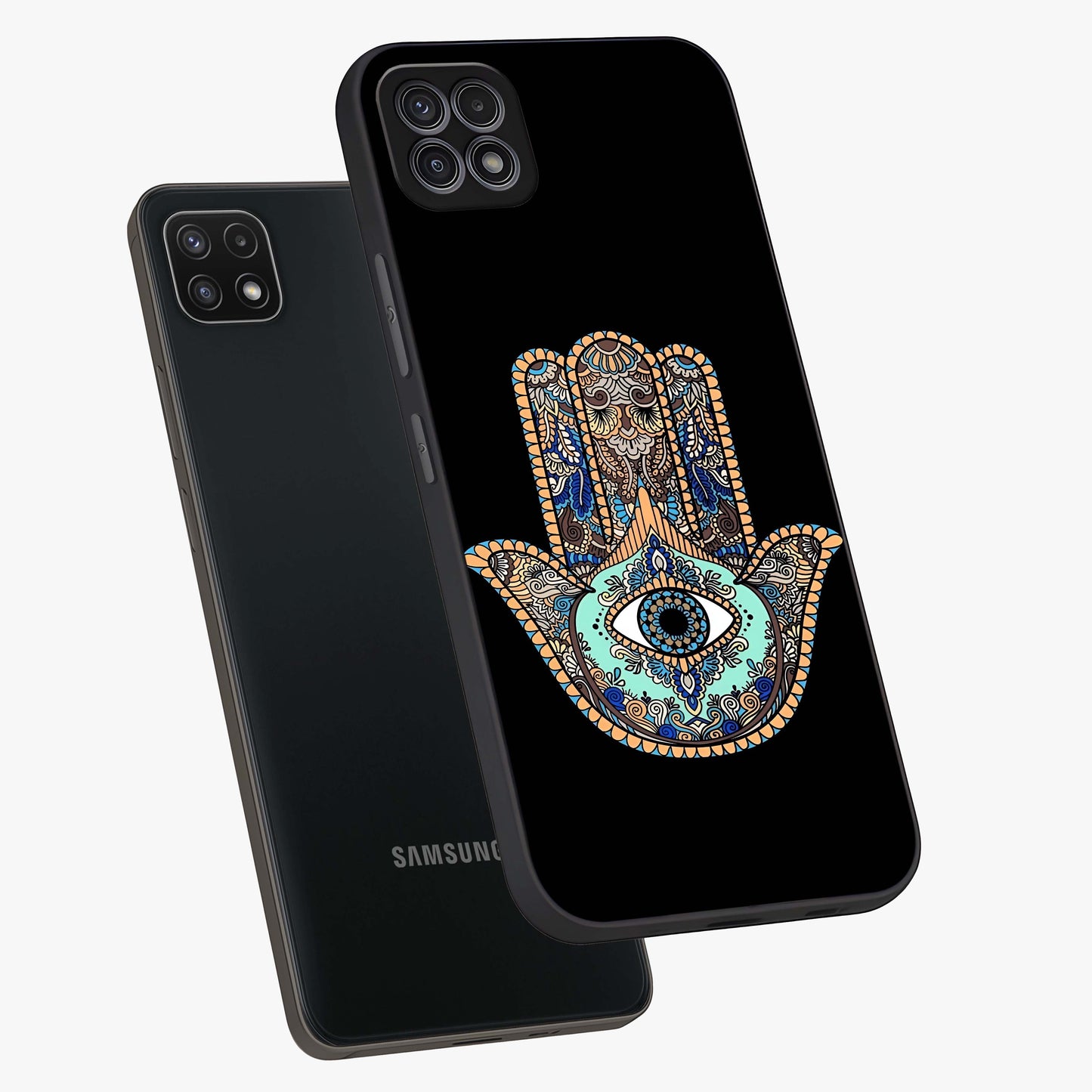 Mystic Hamsa Eye Glass Case displayed in angled mockup highlighting spiritual hamsa symbol with mystical aesthetic style.