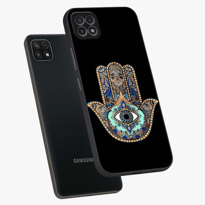 Mystic Hamsa Eye Glass Case displayed in angled mockup highlighting spiritual hamsa symbol with mystical aesthetic style.