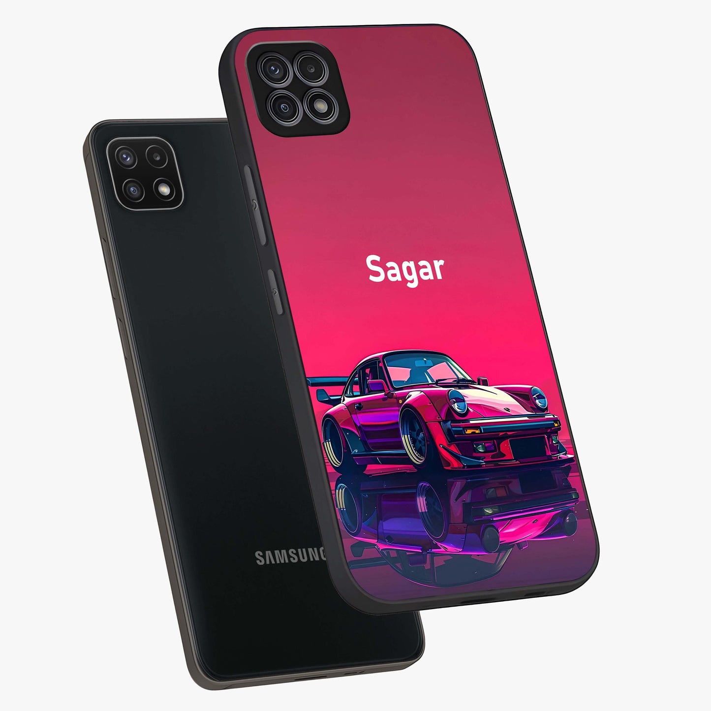 Neon Pink Porsche Glass Case displayed in angled mockup highlighting sleek neon pink car design with racing aesthetic.