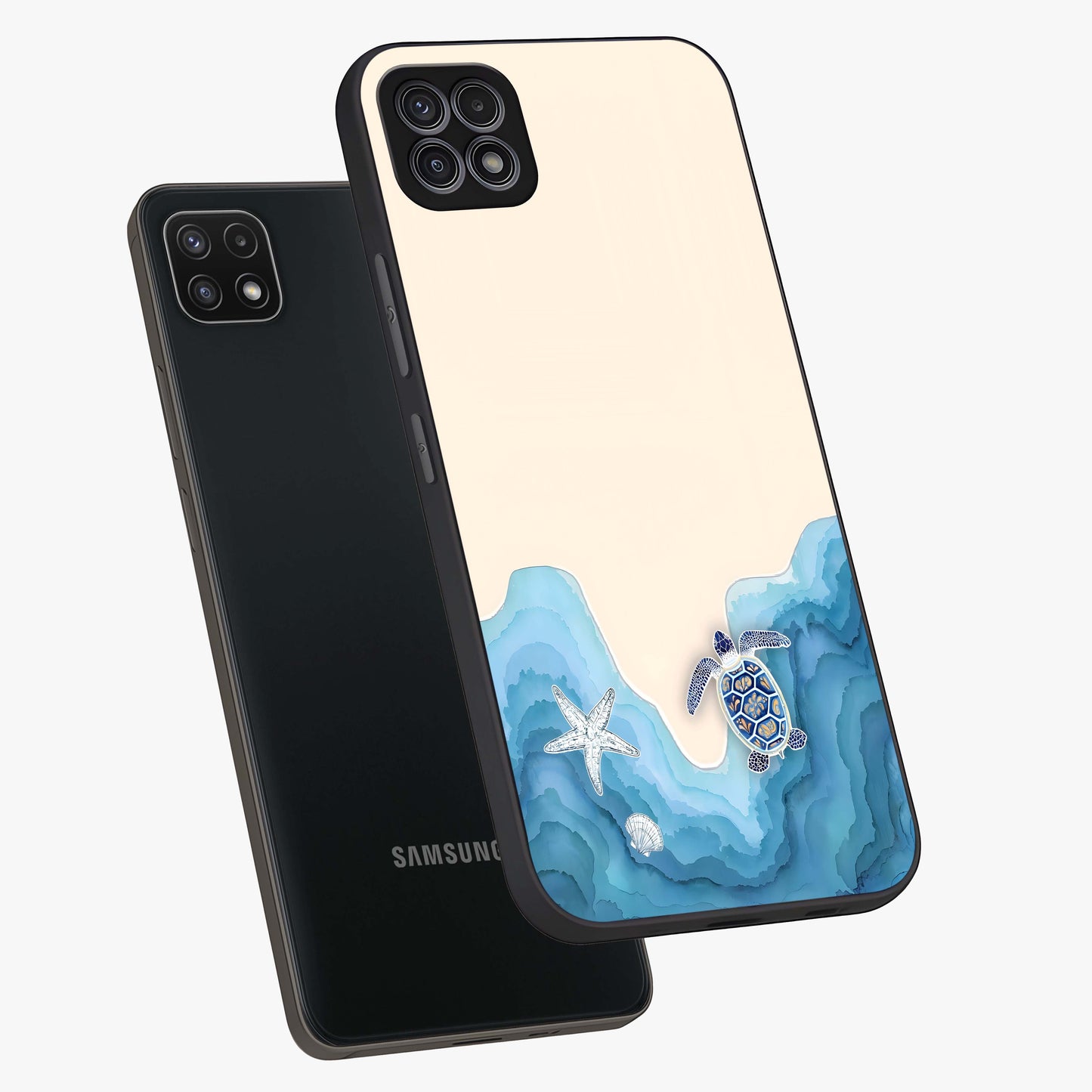 Ocean Drift Turtle Glass Case displayed in angled mockup highlighting peaceful ocean turtle illustration with marine aesthetic.