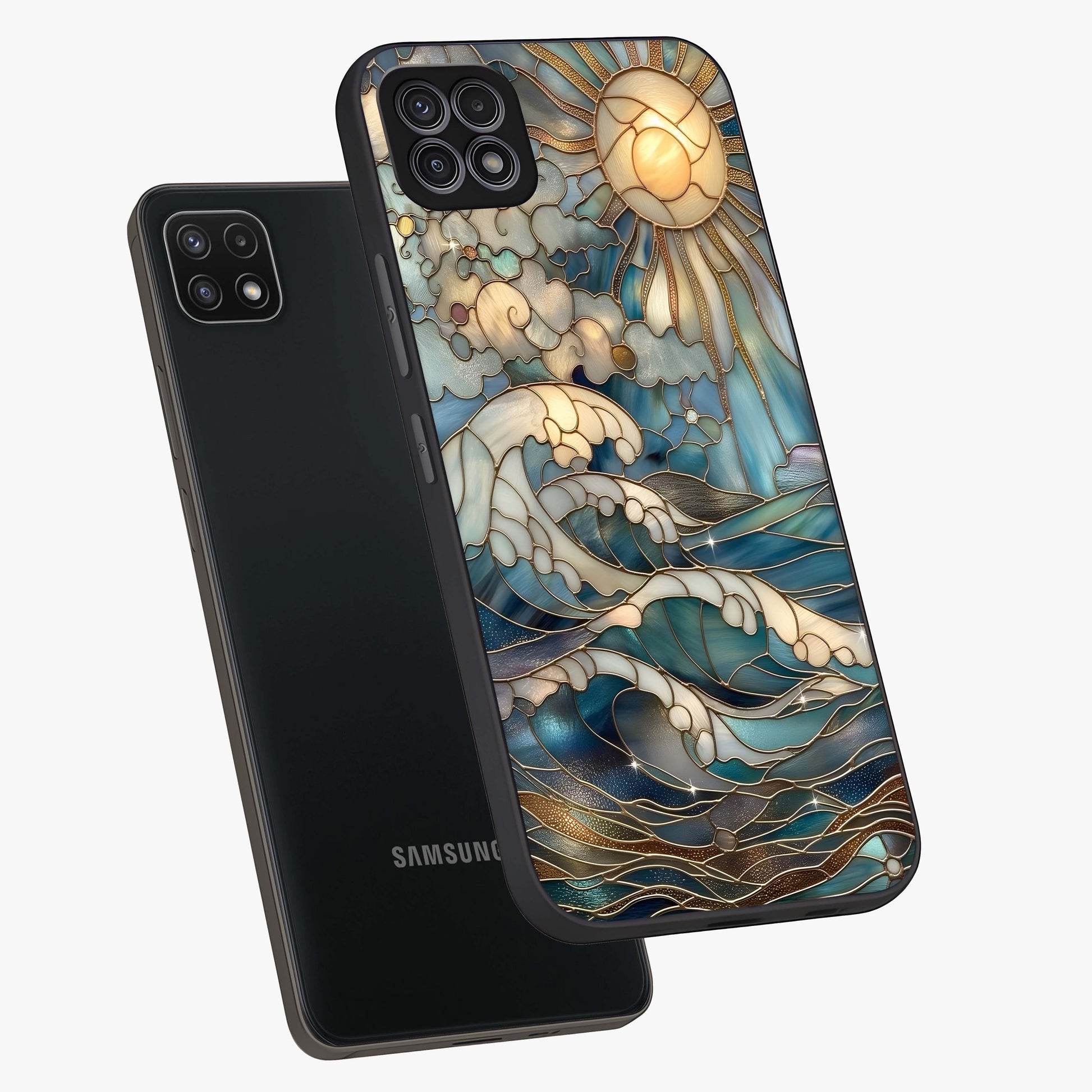 Oceanic Stained Printed Glass Case displayed in angled mockup highlighting colorful aquatic design with artistic aesthetic style.