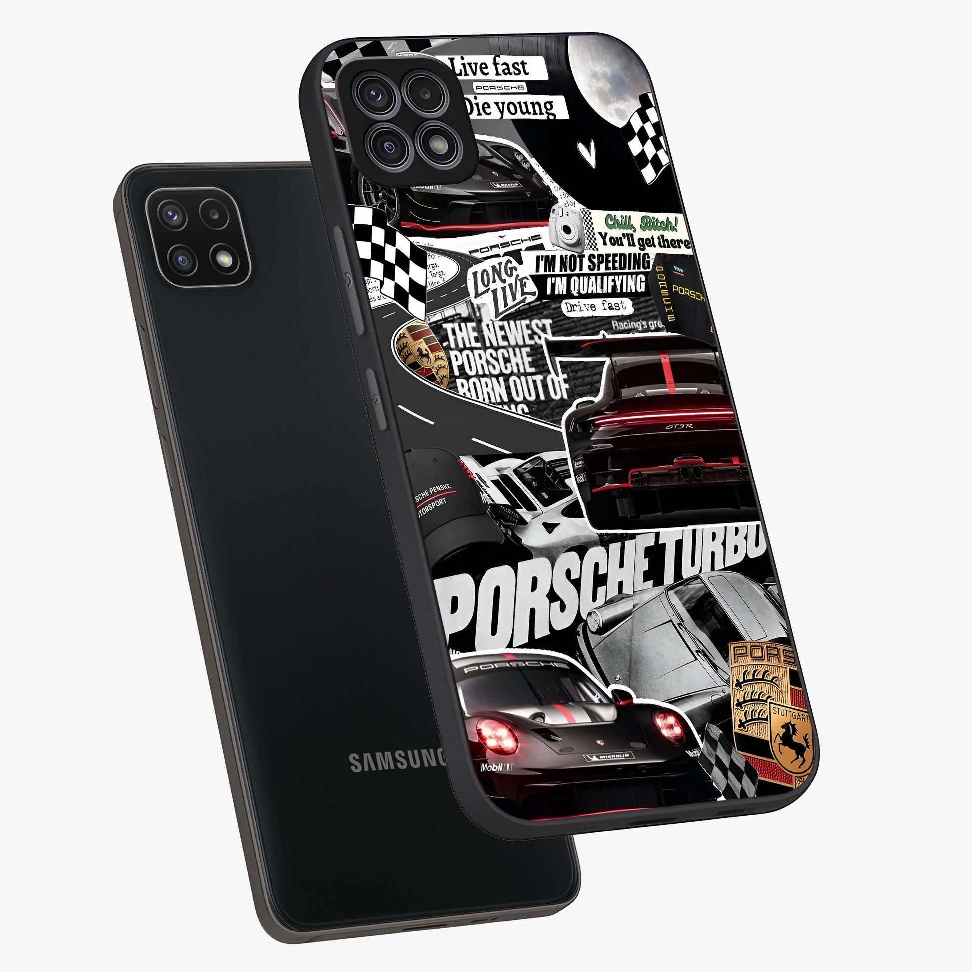 Porsche Racing Collage Glass Case displayed in angled mockup highlighting dynamic automotive design with bold racing aesthetic.