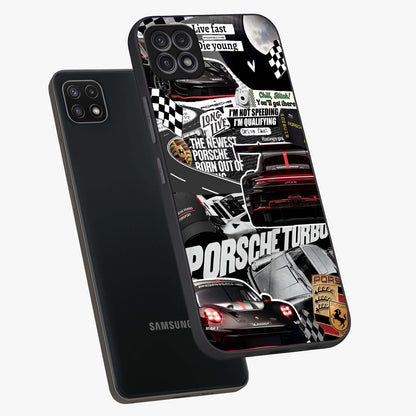 Porsche Racing Collage Glass Case displayed in angled mockup highlighting dynamic automotive design with bold racing aesthetic.