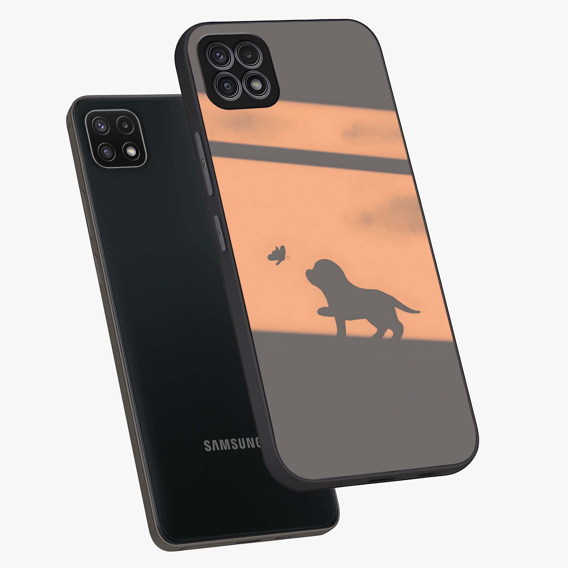 Puppy Shadow Art Glass Case displayed in angled mockup highlighting playful dog illustration with artistic shadow aesthetic.