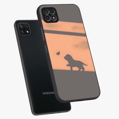 Puppy Shadow Art Glass Case displayed in angled mockup highlighting playful dog illustration with artistic shadow aesthetic.
