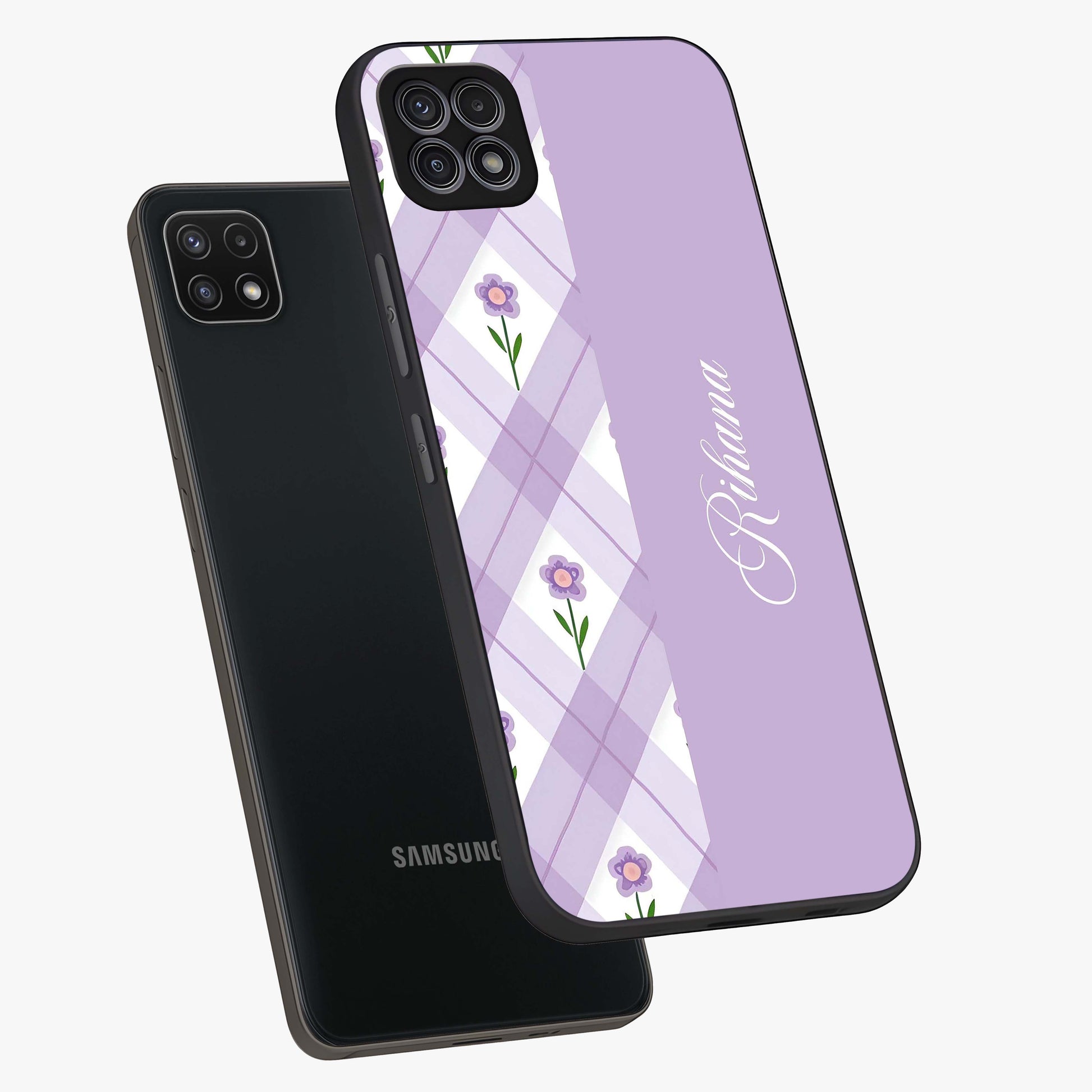 Purple Diamond Floral Glass Case displayed in angled mockup highlighting elegant purple flower design with decorative pattern.