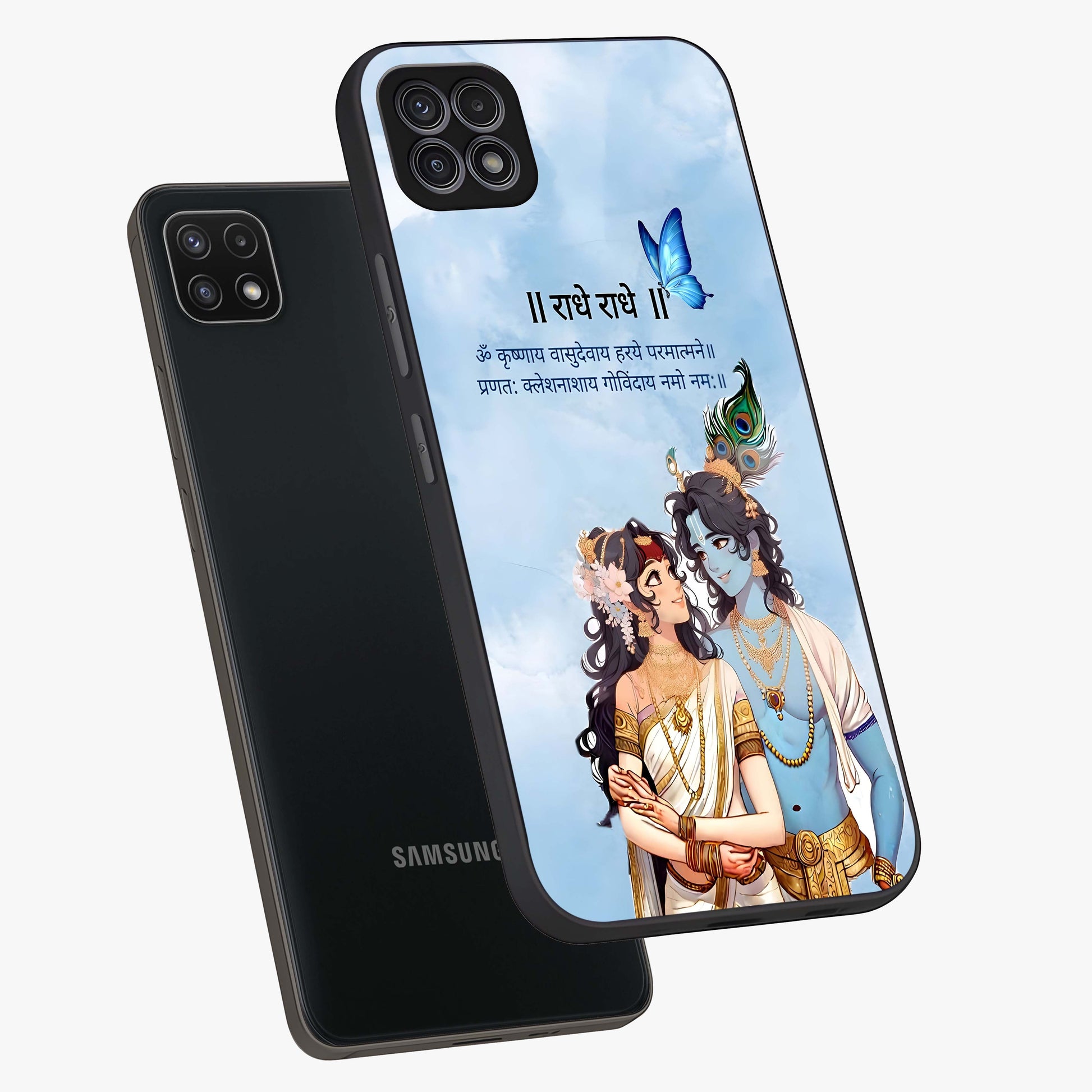 Radha Krishna Eternal Glass Case displayed in angled mockup highlighting divine Radha Krishna illustration with spiritual aesthetic.