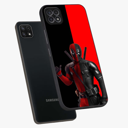 Red & Black Deadpool Theme Glass Case displayed in angled mockup highlighting vibrant superhero style illustration with action aesthetic.