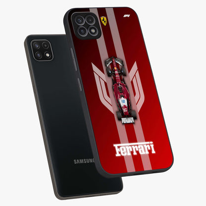 Red Ferrari F1 Vertical Glass Case displayed in angled mockup highlighting high speed racing design with bold automotive aesthetic.