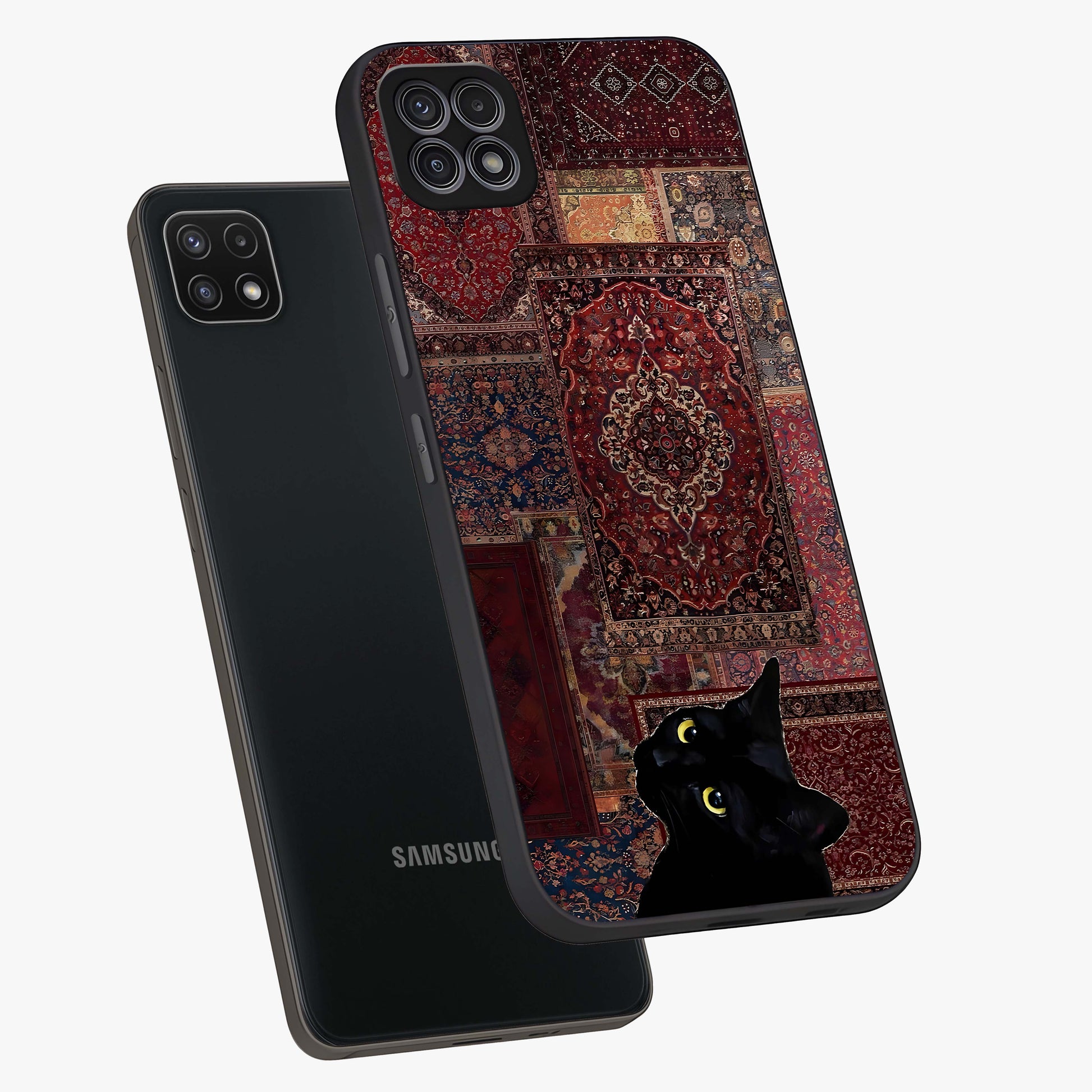 Regal Magic Cat Apple Glass Case displayed in angled mockup highlighting whimsical feline design with fantasy aesthetic.