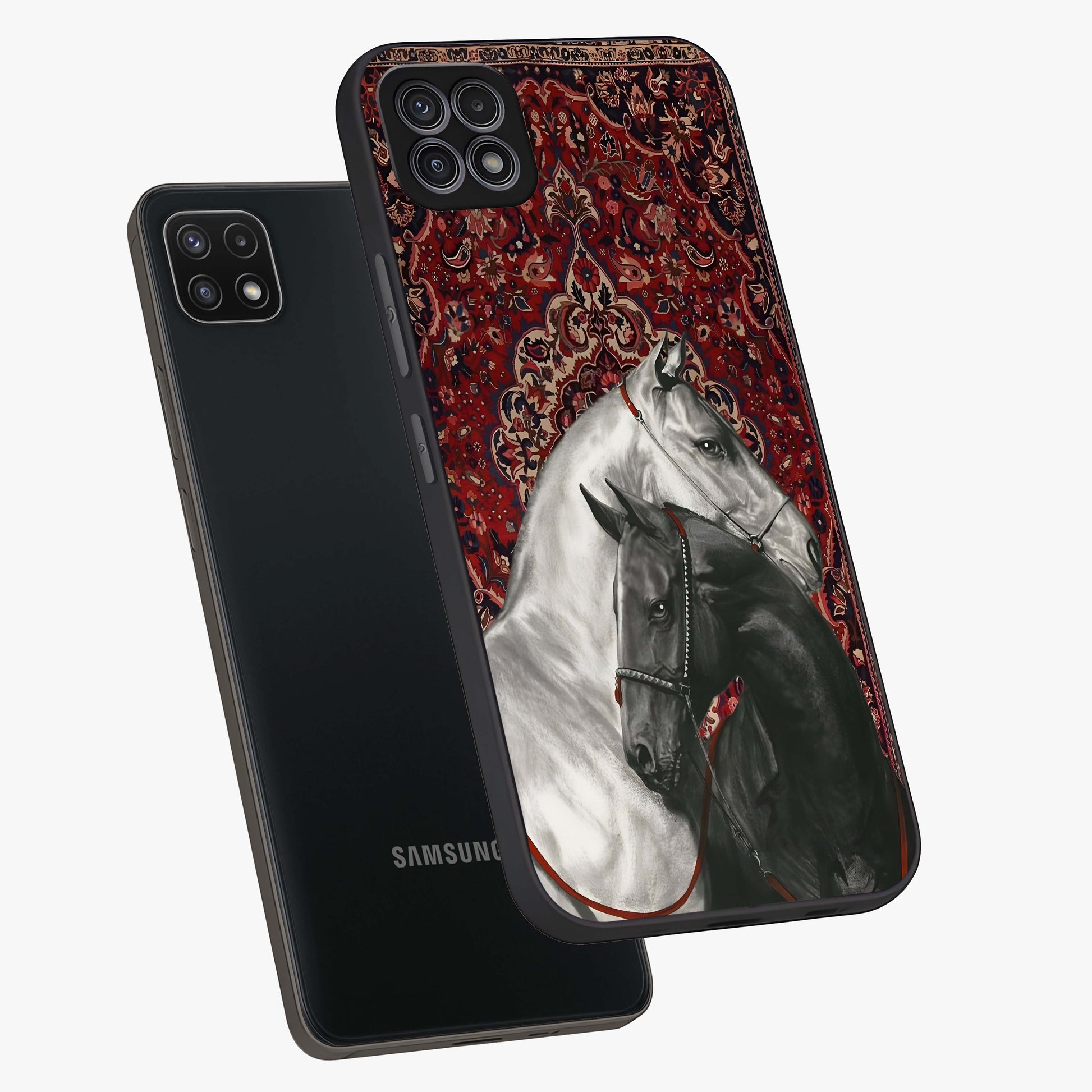 Regal Stallion Tapestry Glass Case displayed in angled mockup highlighting royal stallion design with decorative heritage aesthetic.