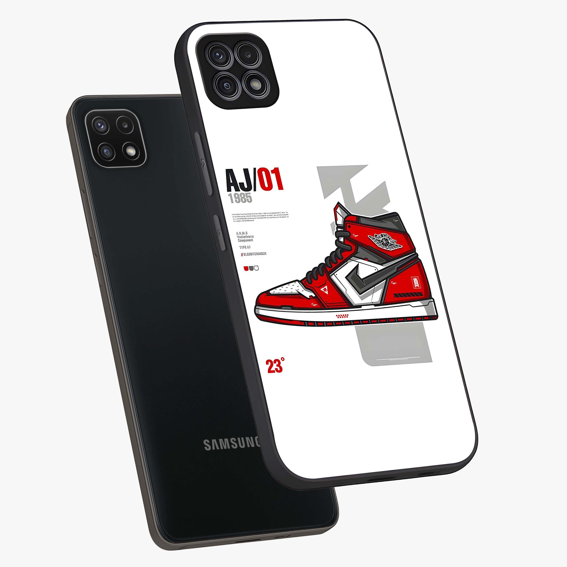 Retro Sneaker Blueprint Glass Case displayed in angled mockup highlighting detailed shoe design with sporty retro aesthetic.