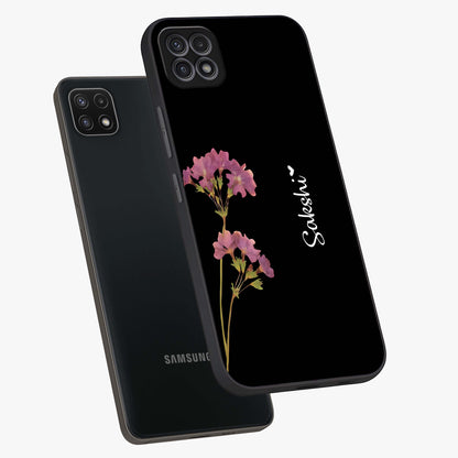 Riching Lavender Flower Custom Name Glass Case displayed in angled mockup highlighting delicate lavender flower design with custom name feature.