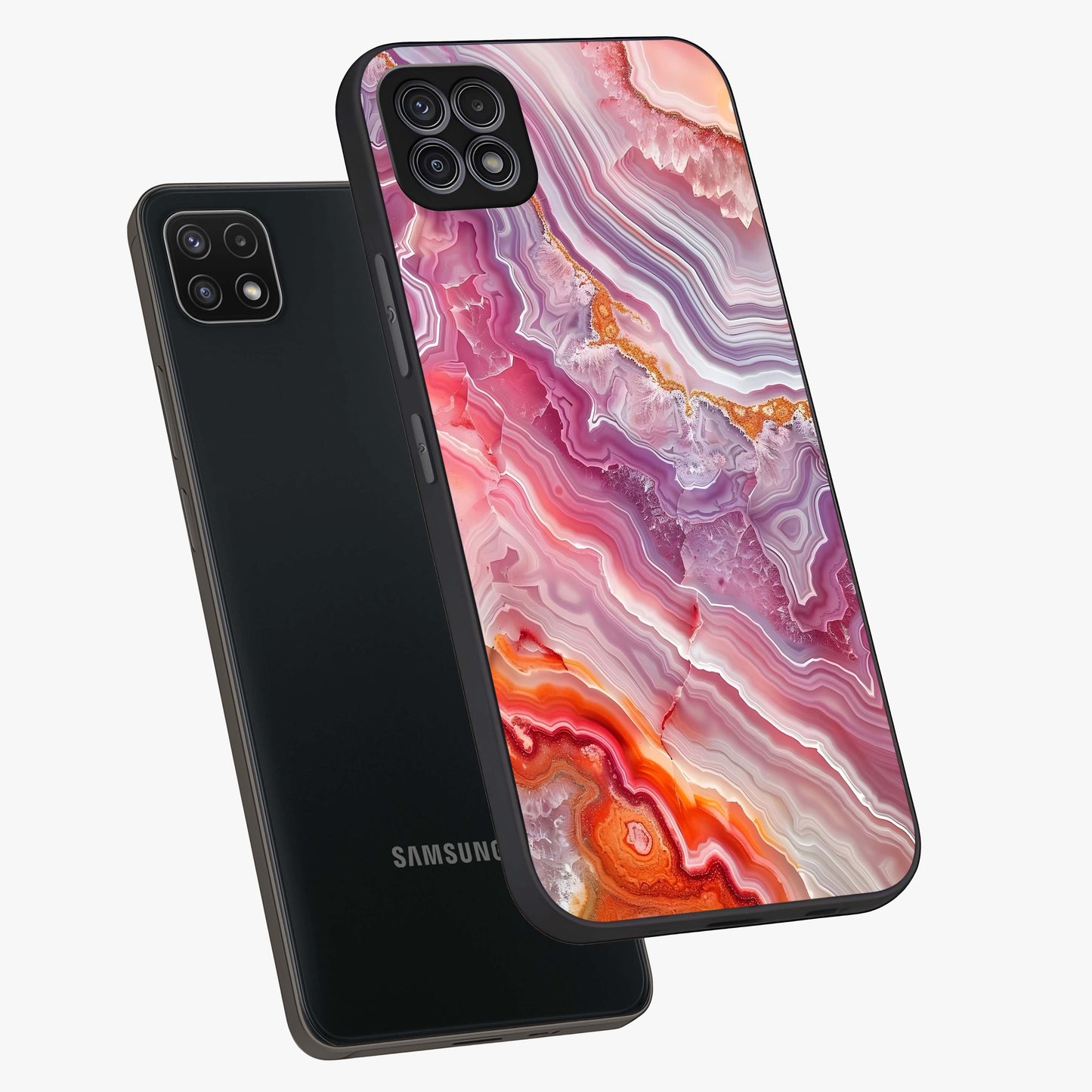 Rose Quartz Marble Glass Case displayed in angled mockup highlighting elegant marble pattern with soft aesthetic style.