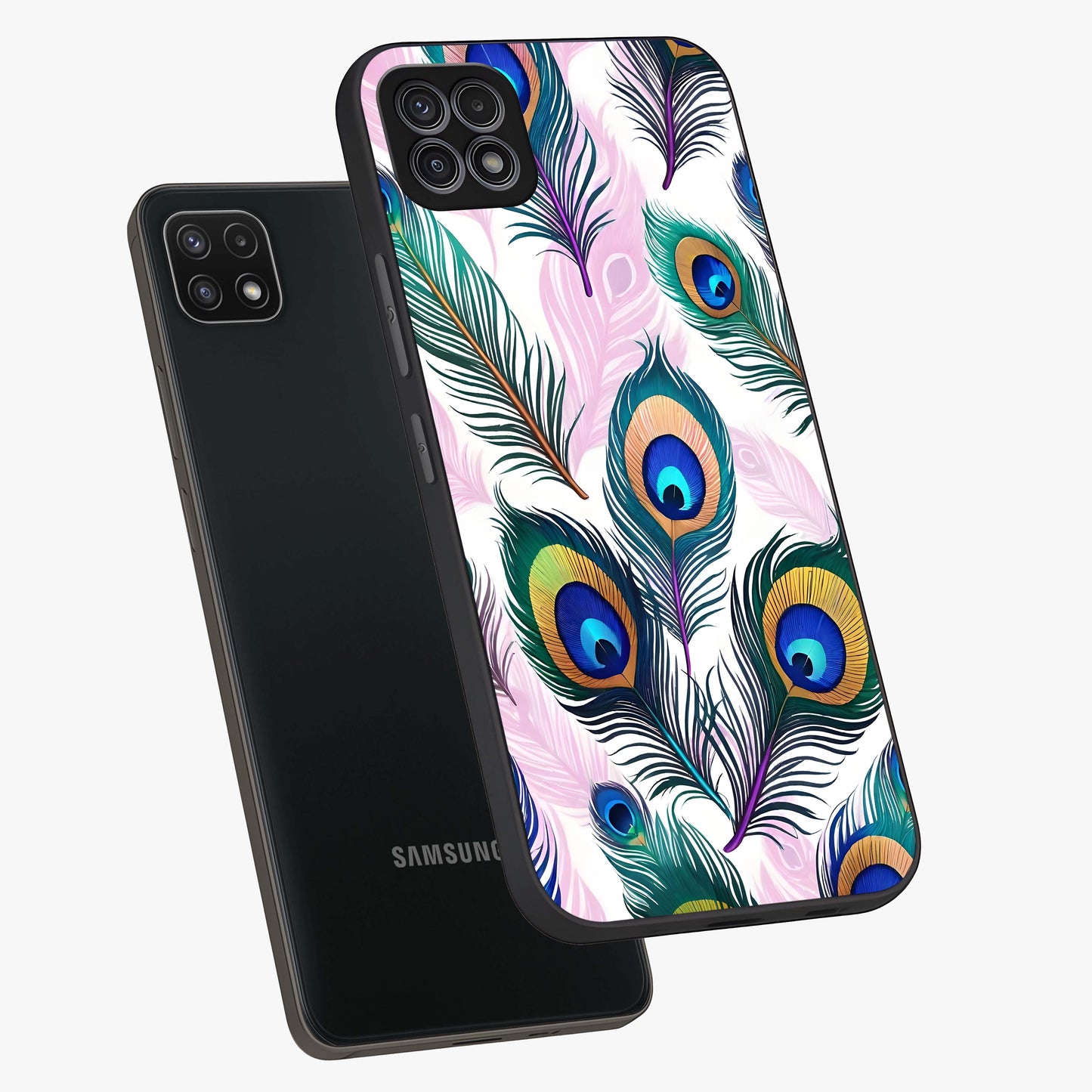 Royal Peacock Feathers Glass Case displayed in angled mockup highlighting vibrant feather pattern with regal aesthetic style.