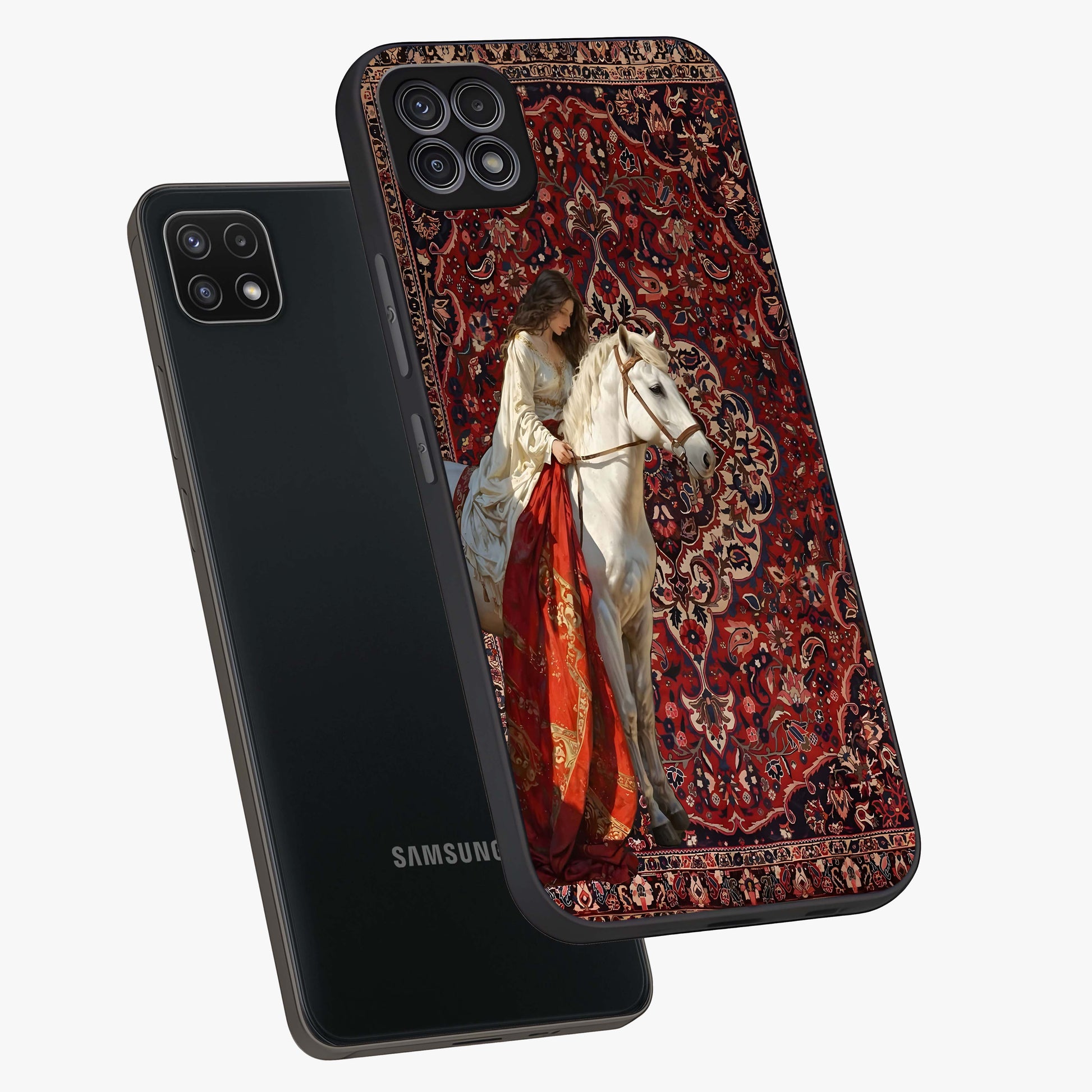Royal Rider Tapestry Glass Case displayed in angled mockup highlighting traditional tapestry design with royal heritage aesthetic.