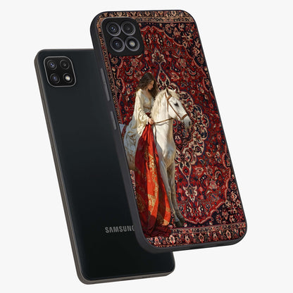 Royal Rider Tapestry Glass Case displayed in angled mockup highlighting traditional tapestry design with royal heritage aesthetic.
