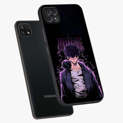 Shadow Monarch Awakening Glass Case displayed in angled mockup highlighting dramatic shadow warrior design with fantasy aesthetic.