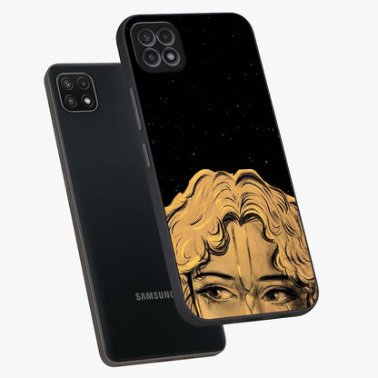 Shri Krishna Art Glass Case displayed in angled mockup highlighting spiritual Krishna illustration with divine aesthetic.