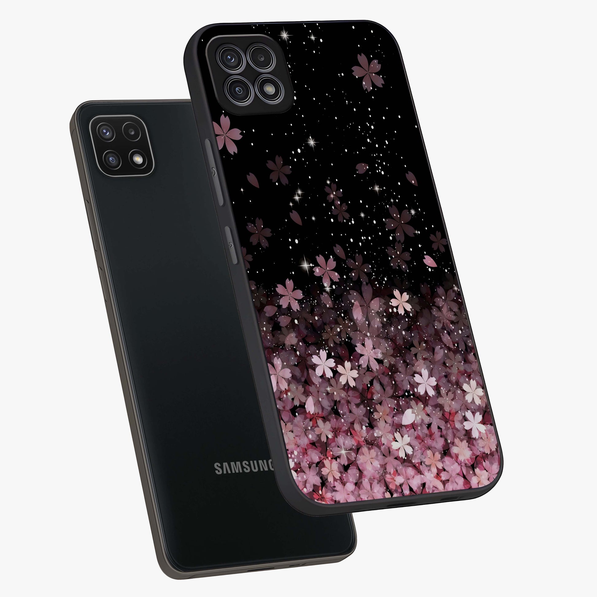Small Starry Flowers Glass Case displayed in angled mockup highlighting tiny flower pattern with celestial aesthetic style.