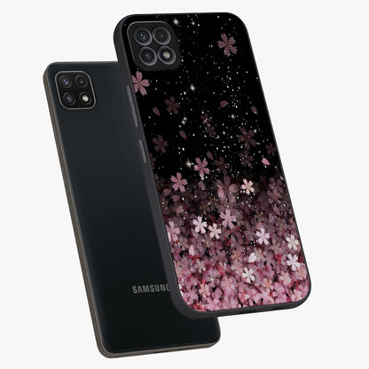 Small Starry Flowers Glass Case displayed in angled mockup highlighting tiny flower pattern with celestial aesthetic style.