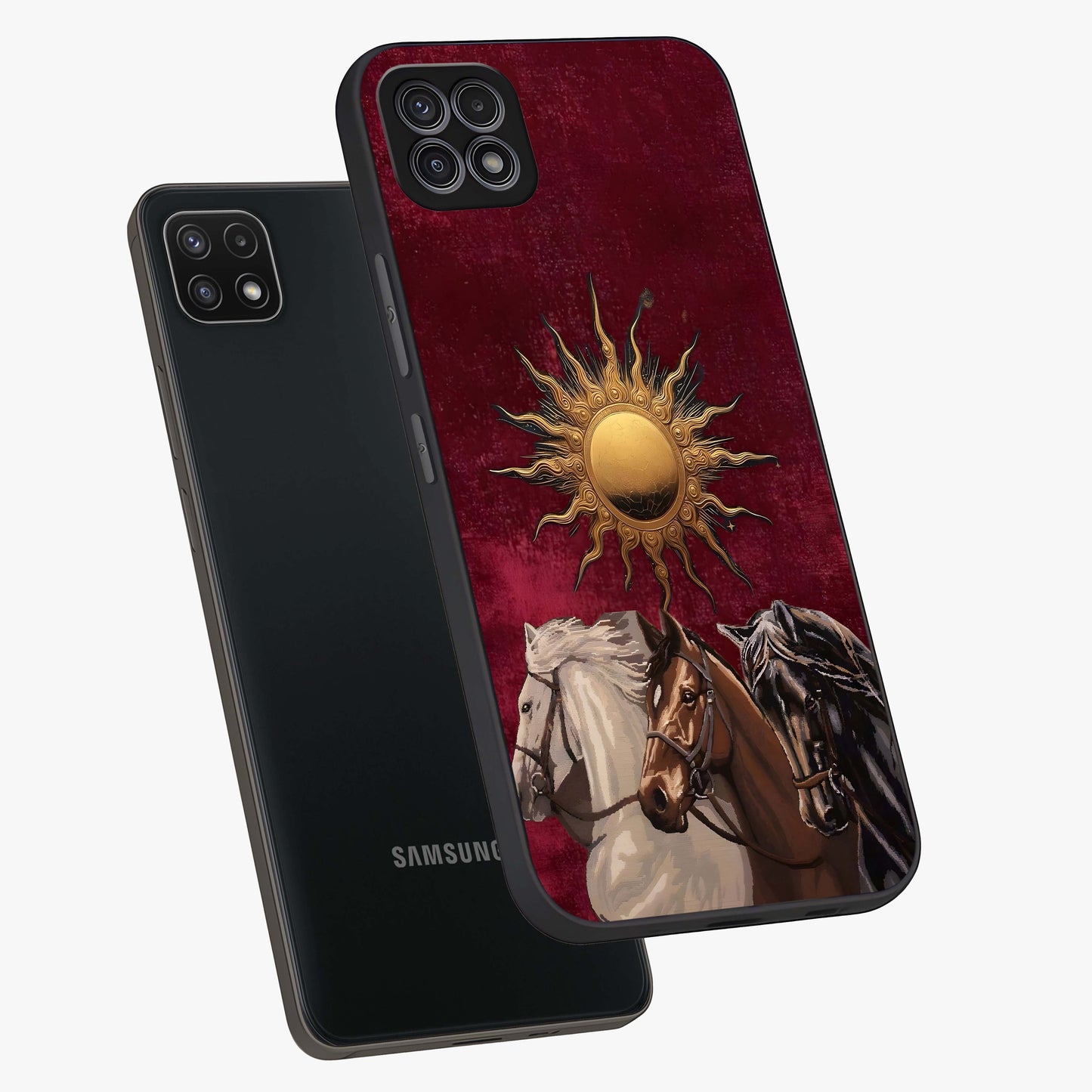 Solar Riders Glass Case displayed in angled mockup highlighting powerful rider illustration with radiant solar aesthetic.