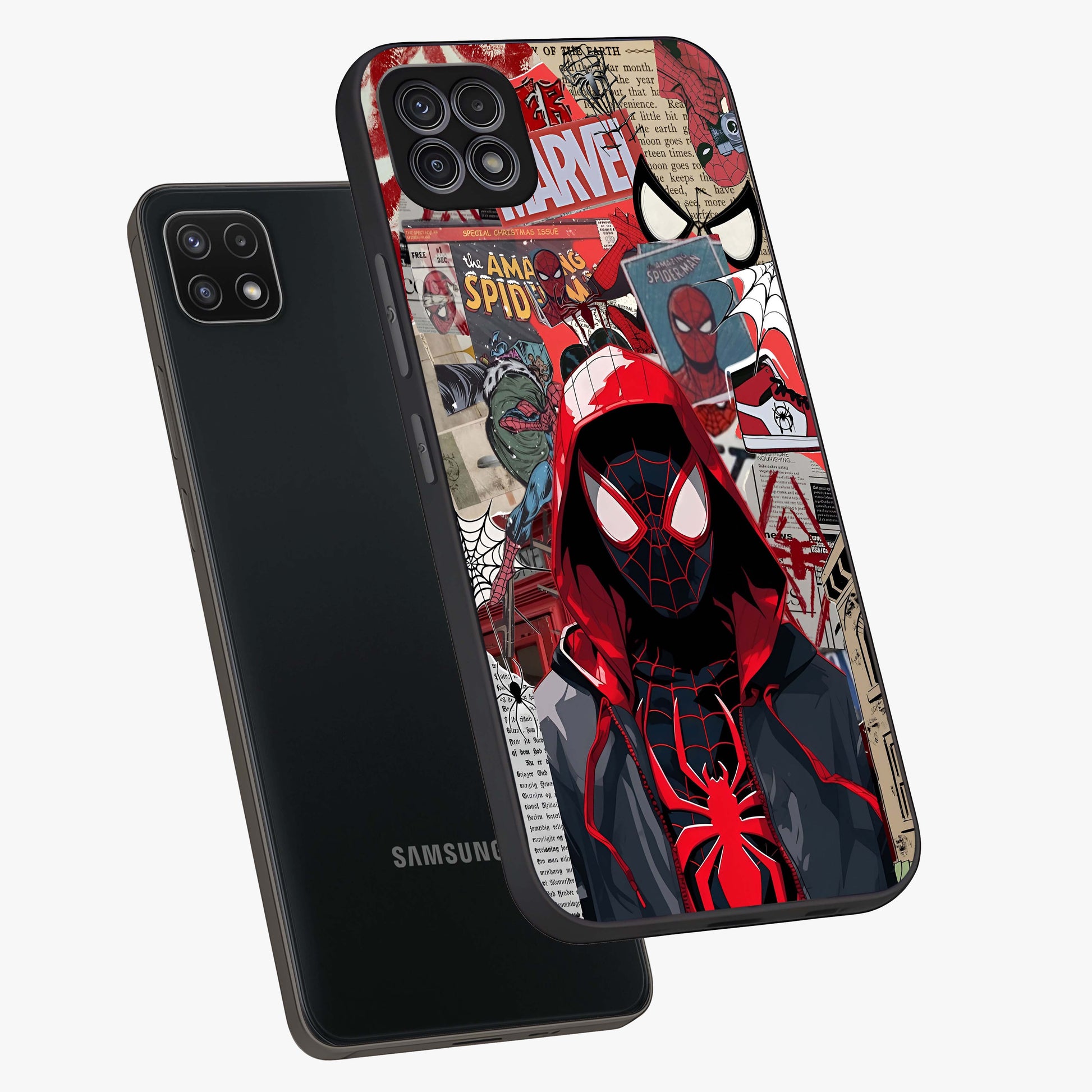 Spider Collage Street Glass Case displayed in angled mockup highlighting dynamic street style collage design with comic aesthetic.