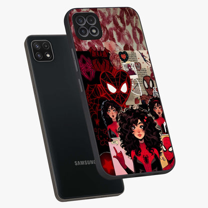 Spider Love Story Glass Case displayed in angled mockup highlighting expressive comic inspired design with playful aesthetic.