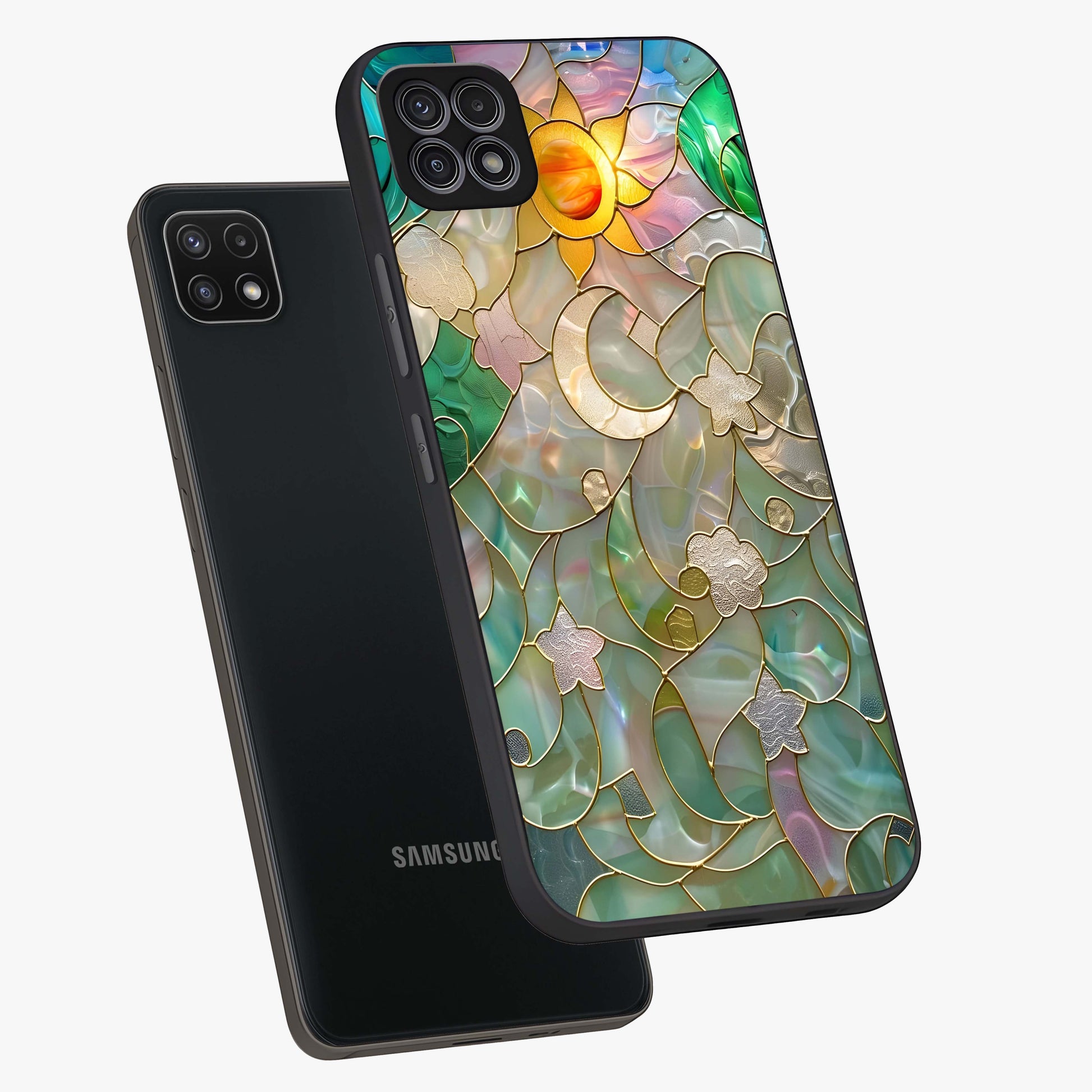 Stained Sunrise Glow Glass Case displayed in angled mockup highlighting radiant sunrise design with artistic aesthetic style.