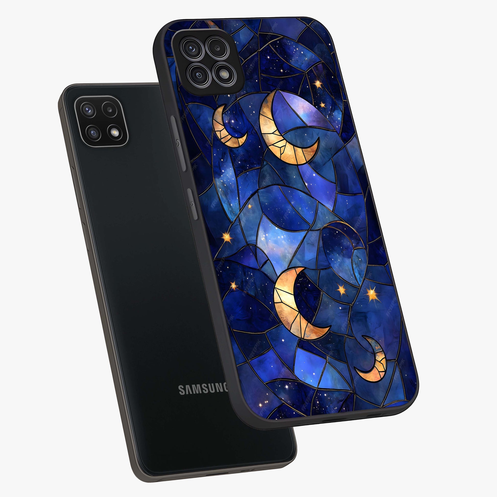 Starlit Sky Tapestry Glass Case displayed in angled mockup highlighting celestial night pattern with artistic aesthetic style.