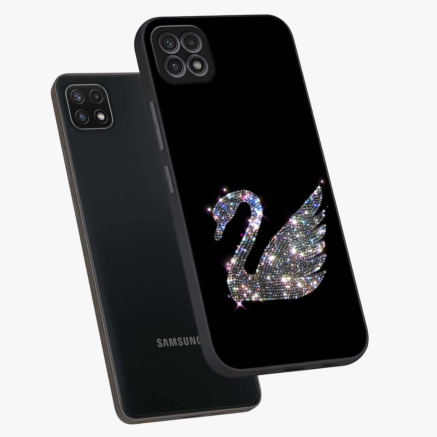 Starlit Swan Grace Glass Case displayed in angled mockup highlighting elegant swan illustration with dreamy celestial aesthetic.