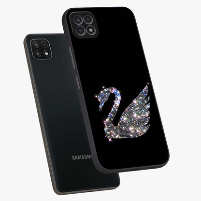 Starlit Swan Grace Glass Case displayed in angled mockup highlighting elegant swan illustration with dreamy celestial aesthetic.