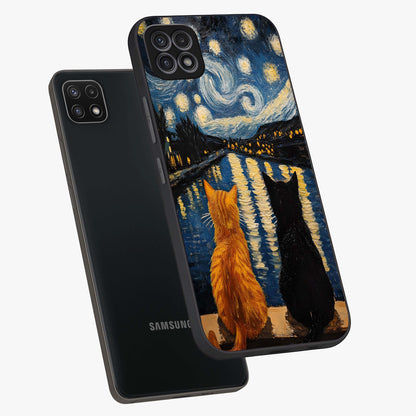 Starry River Cats Glass Case displayed in angled mockup highlighting charming feline illustration with dreamy night aesthetic.