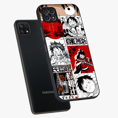 Strawhat Chaos Panels Glass Case displayed in angled mockup highlighting vibrant anime collage design with action aesthetic.