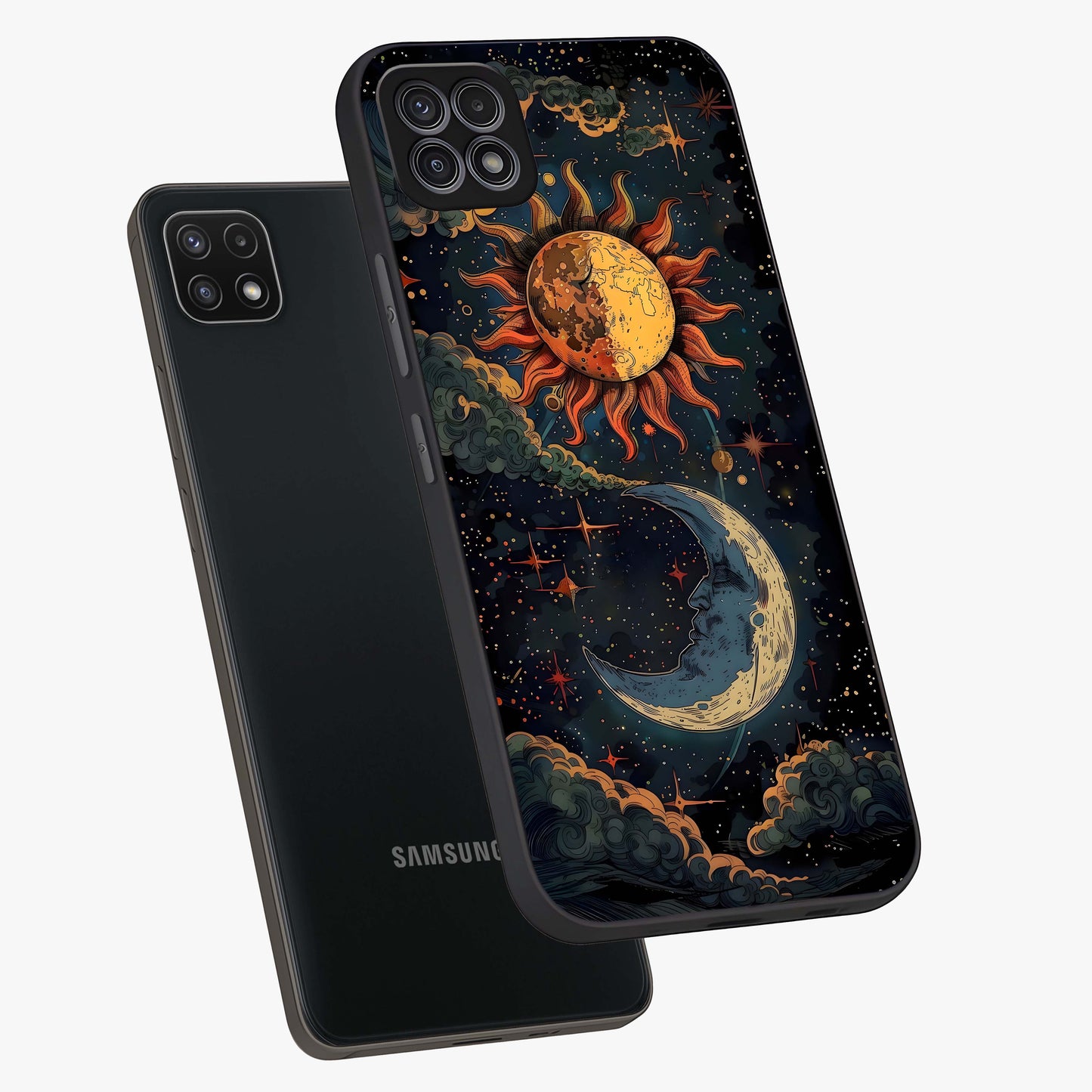 Sun And Moon Magic Design Glass Case displayed in angled mockup highlighting celestial design with magical cosmic aesthetic.