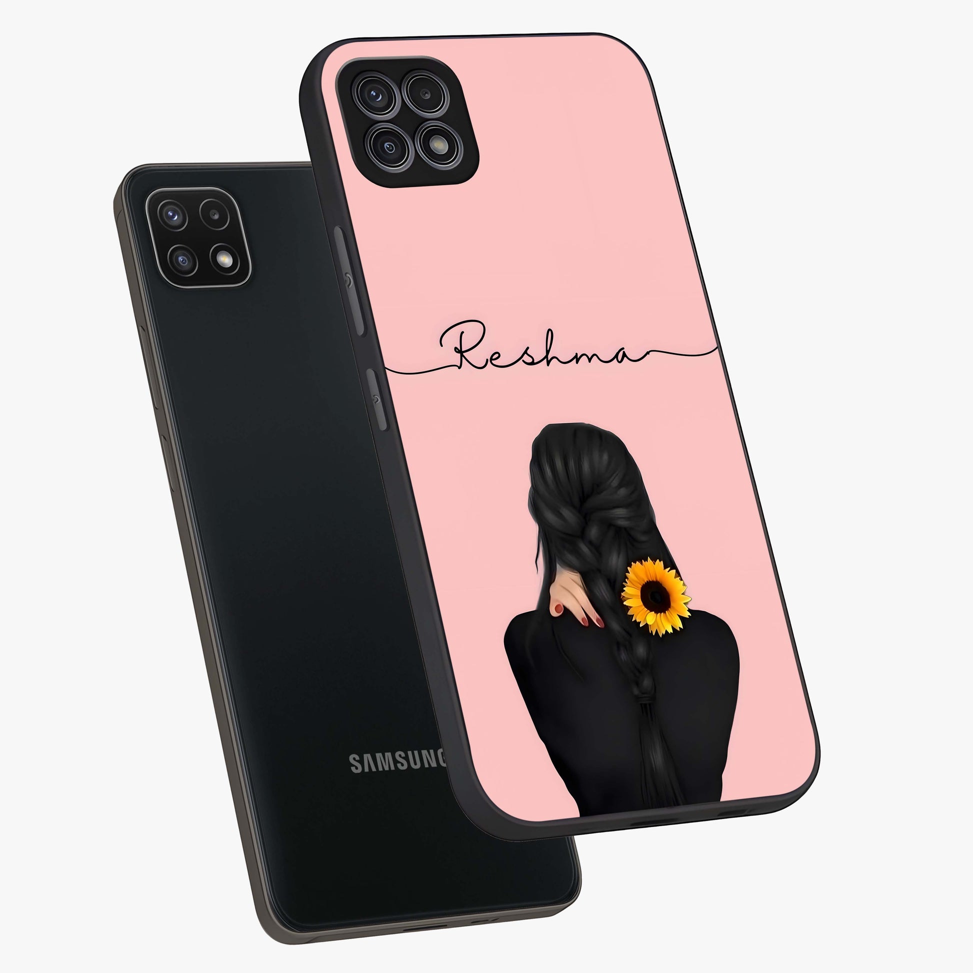 Sunflower Braid Beauty With Custom Name Glass Case displayed in angled mockup highlighting elegant sunflower design with custom name feature.