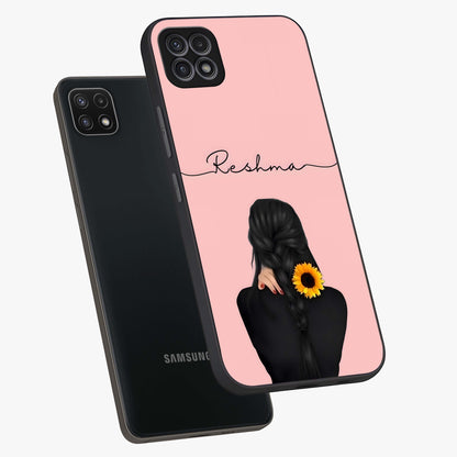 Sunflower Braid Beauty With Custom Name Glass Case displayed in angled mockup highlighting elegant sunflower design with custom name feature.