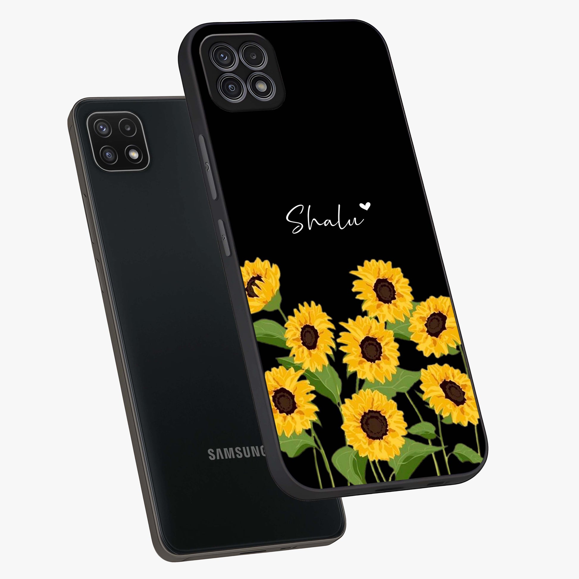 Sunflower Chic Mood Custom Name Glass Case displayed in angled mockup highlighting vibrant sunflower design with custom name feature.