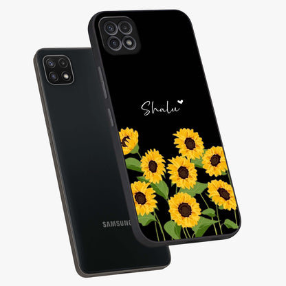 Sunflower Chic Mood Custom Name Glass Case displayed in angled mockup highlighting vibrant sunflower design with custom name feature.