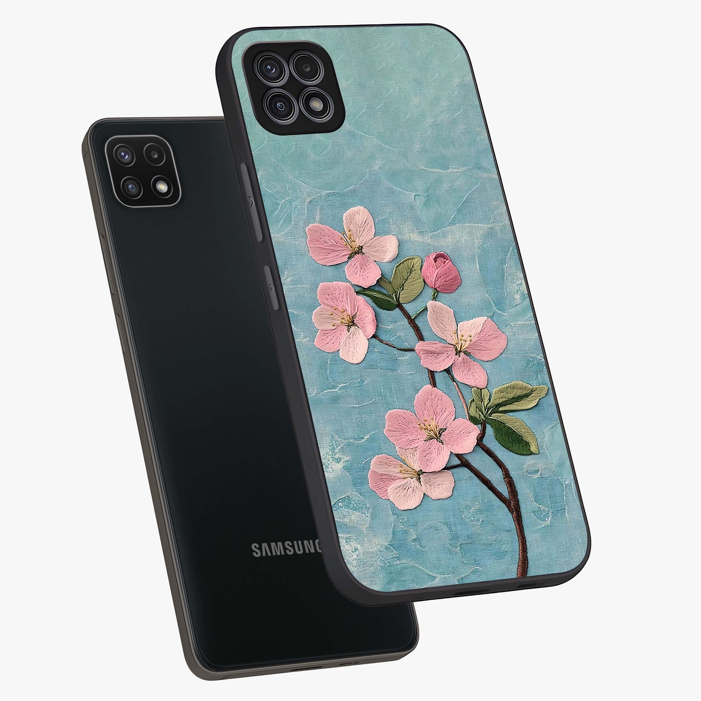 Threaded Blossom Breeze Glass Case displayed in angled mockup highlighting elegant floral design with soft aesthetic style.