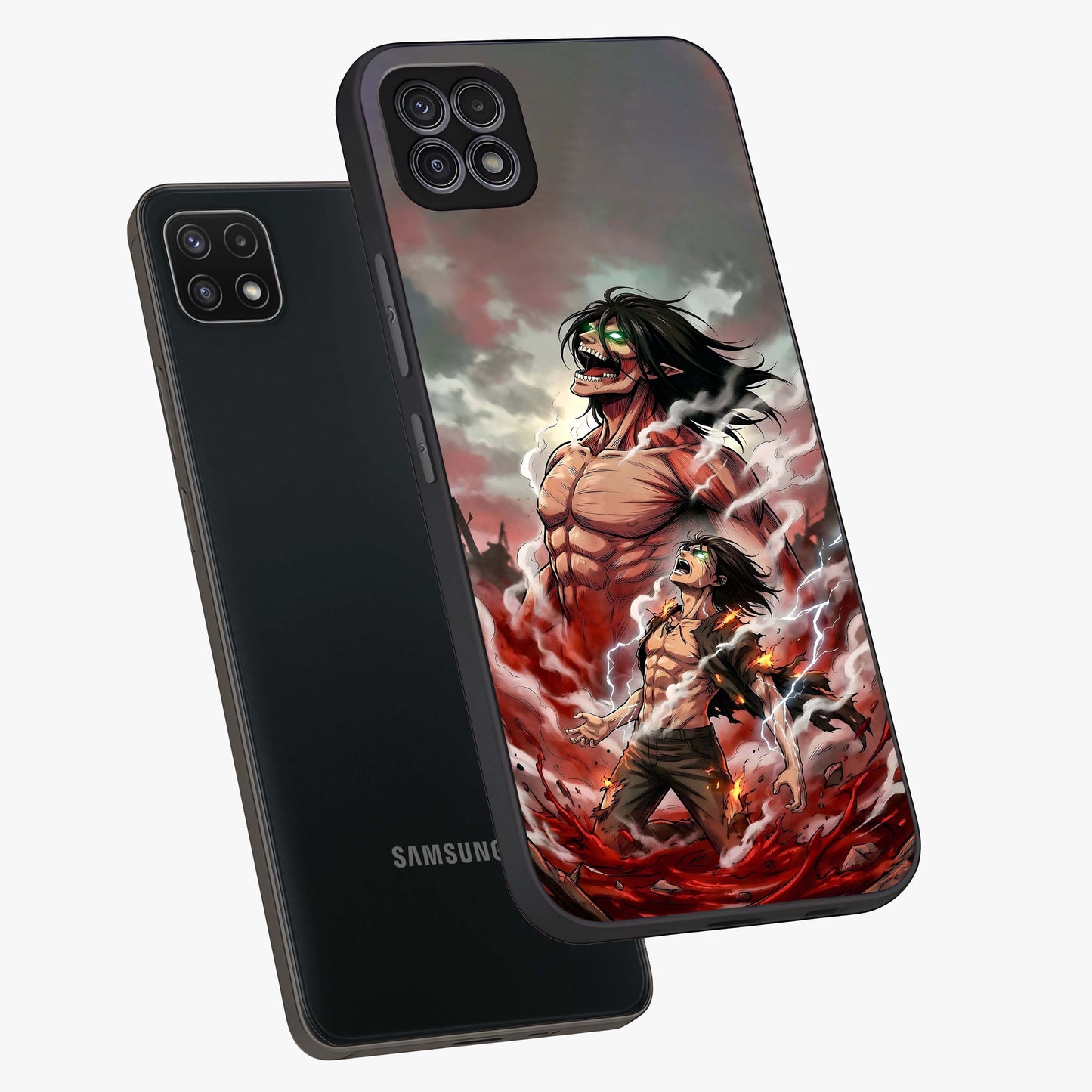 Titan Awakening Fury Glass Case displayed in angled mockup highlighting dramatic giant warrior design with bold anime aesthetic.