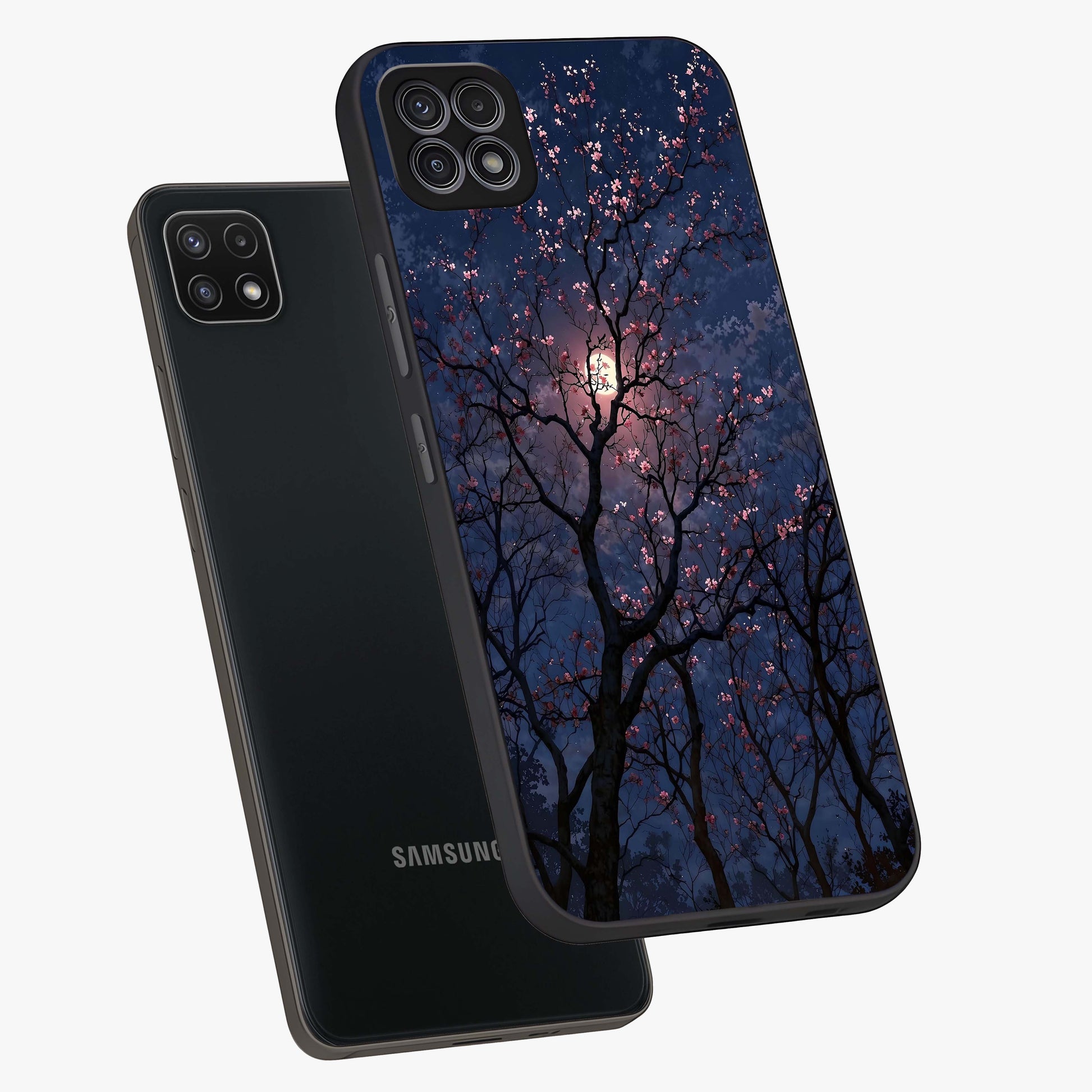 Twilight Sakura Serenade Glass Case displayed in angled mockup highlighting delicate sakura flower design with dreamy aesthetic.
