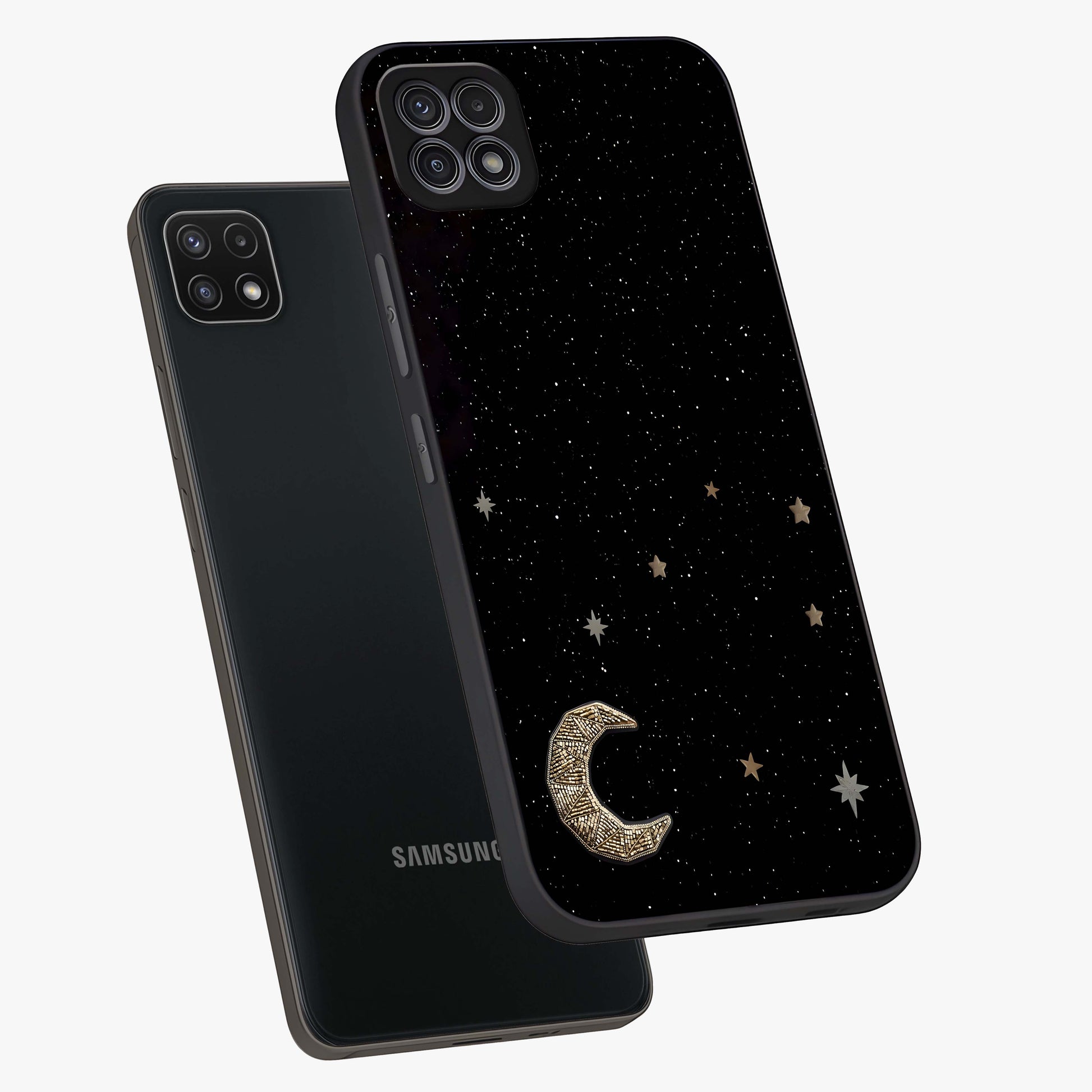Twinkle Star With Half Moon Glass Case displayed in angled mockup highlighting celestial moon and star design with magical aesthetic.