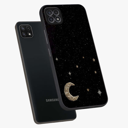 Twinkle Star With Half Moon Glass Case displayed in angled mockup highlighting celestial moon and star design with magical aesthetic.
