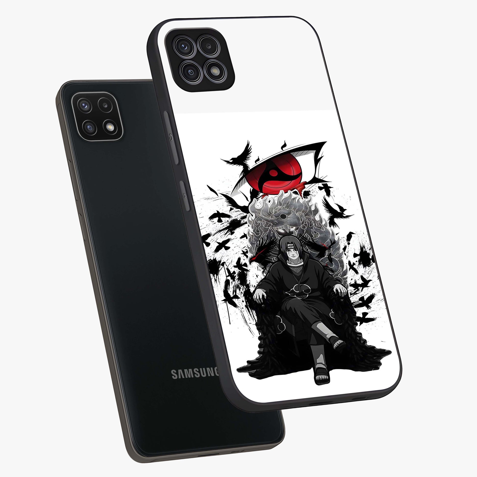 Uchiha Shadow Throne Glass Case displayed in angled mockup highlighting glowing aquatic design with celestial aesthetic.