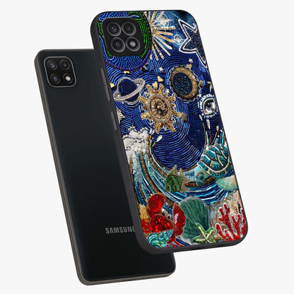 Universe Underwater Spark Glass Case displayed in angled mockup highlighting glowing aquatic design with celestial aesthetic.