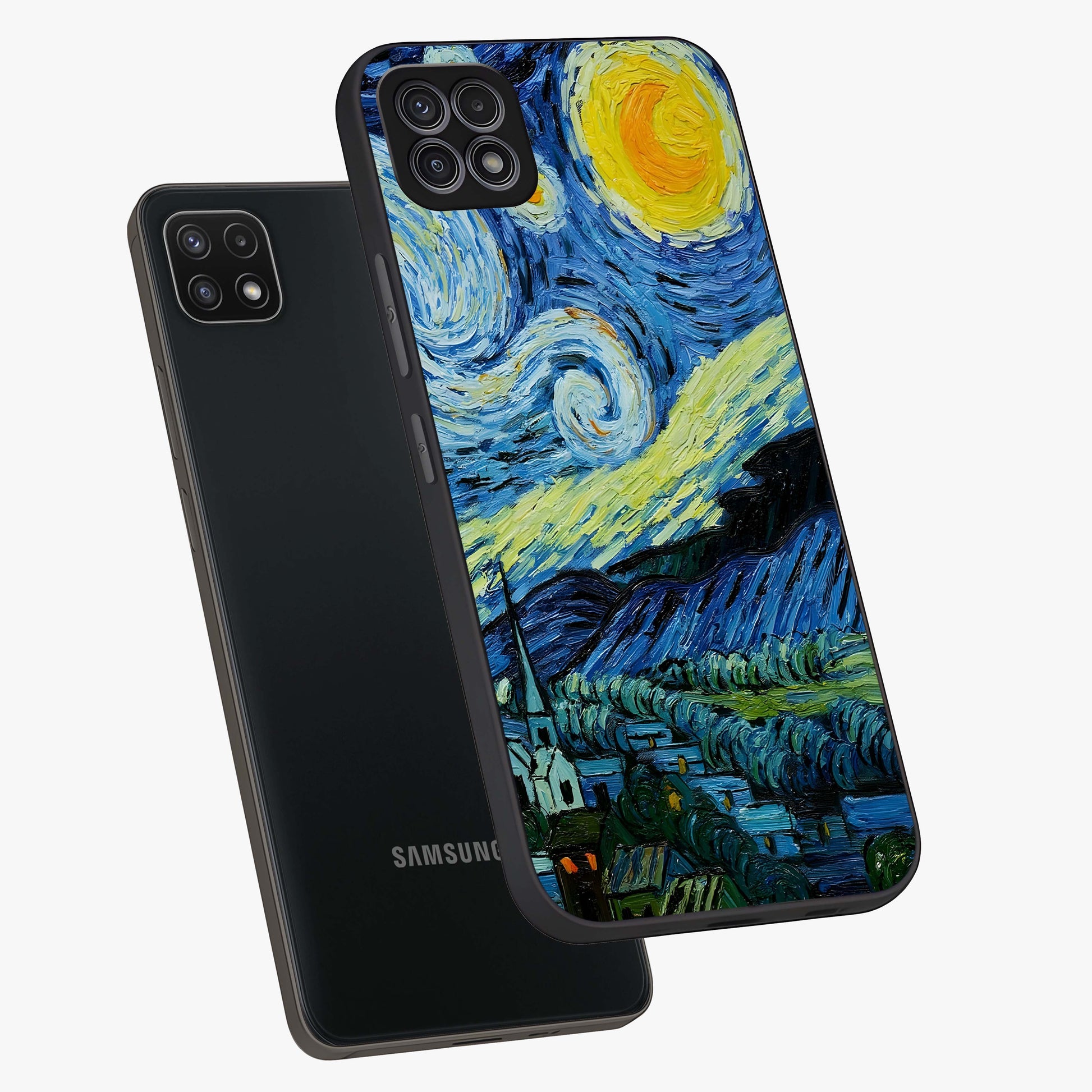Van Gogh Art Glass Case displayed in angled mockup highlighting swirling brushstroke design with artistic aesthetic.