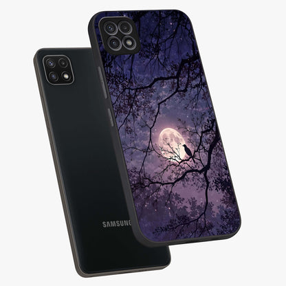 Whispering Moon Silence Glass Case displayed in angled mockup highlighting calm lunar design with dreamy night aesthetic.