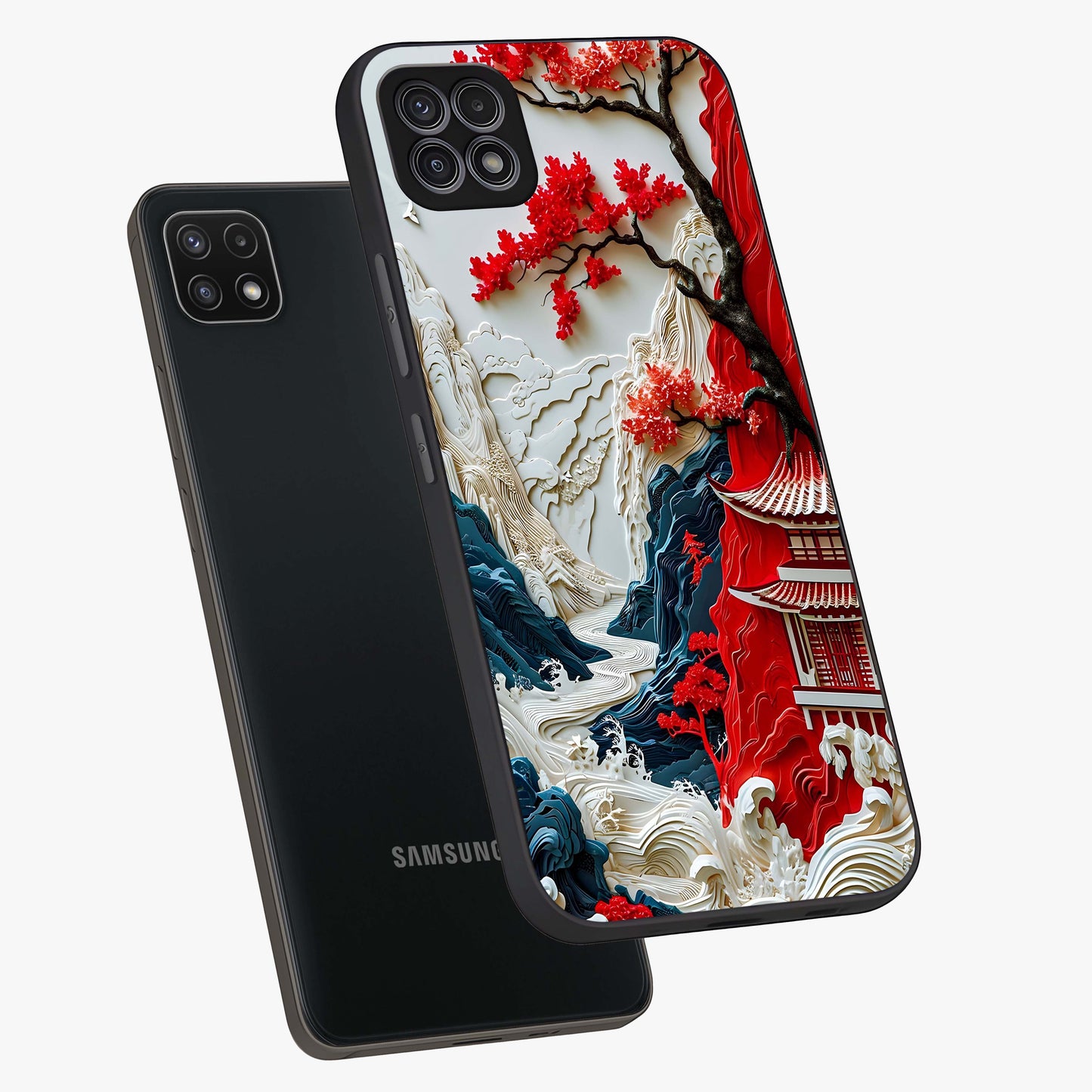 Whispers Of Sakura Waves Glass Case displayed in angled mockup highlighting flowing sakura design with soft floral aesthetic.